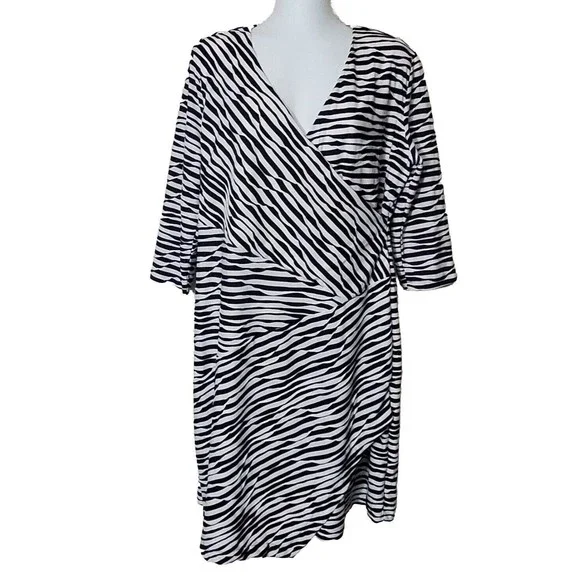 Chicos Dress Womens 2 Large Black White Striped Surplice Faux Wrap Midi  Stretchy